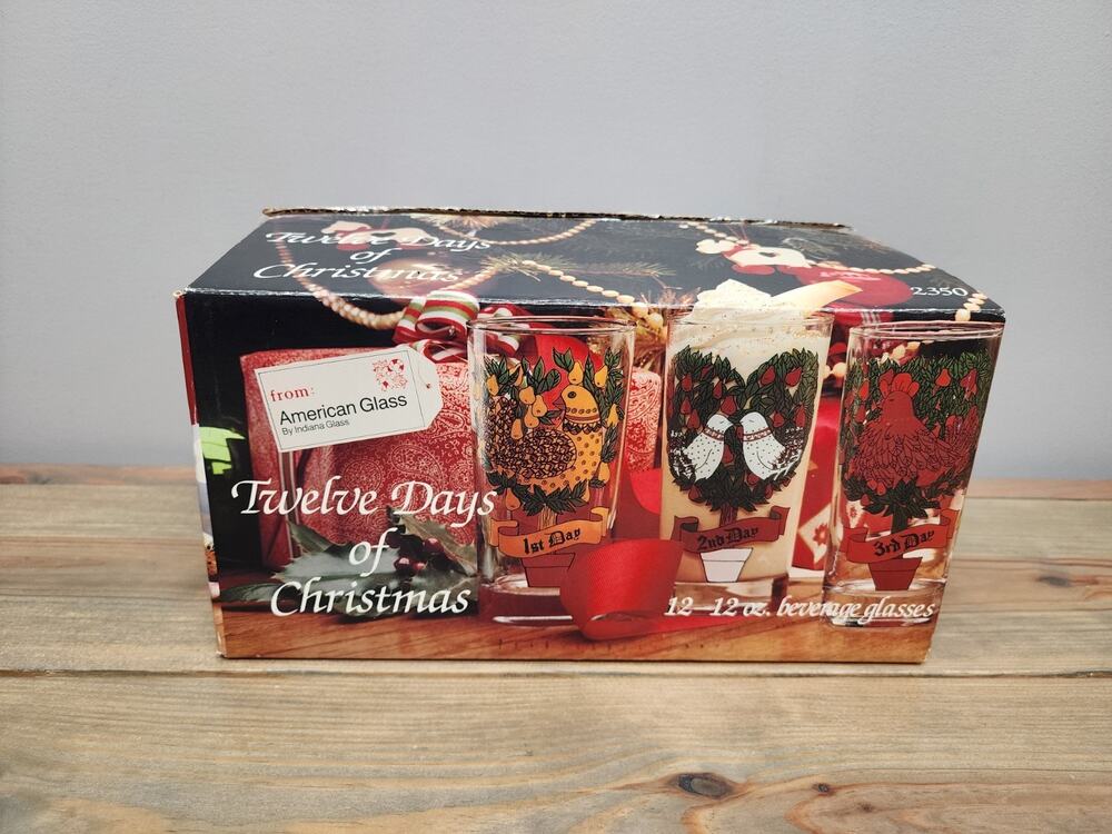 VTG Indiana Glass Twelve Days of Christmas 12oz Set Of 12 Glasses Tumbler In Box